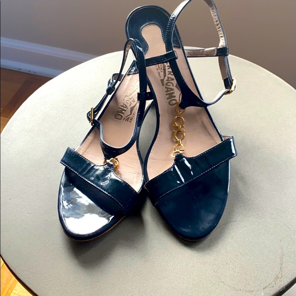 Ferragamo Dark Blue Patent Leather Sandals